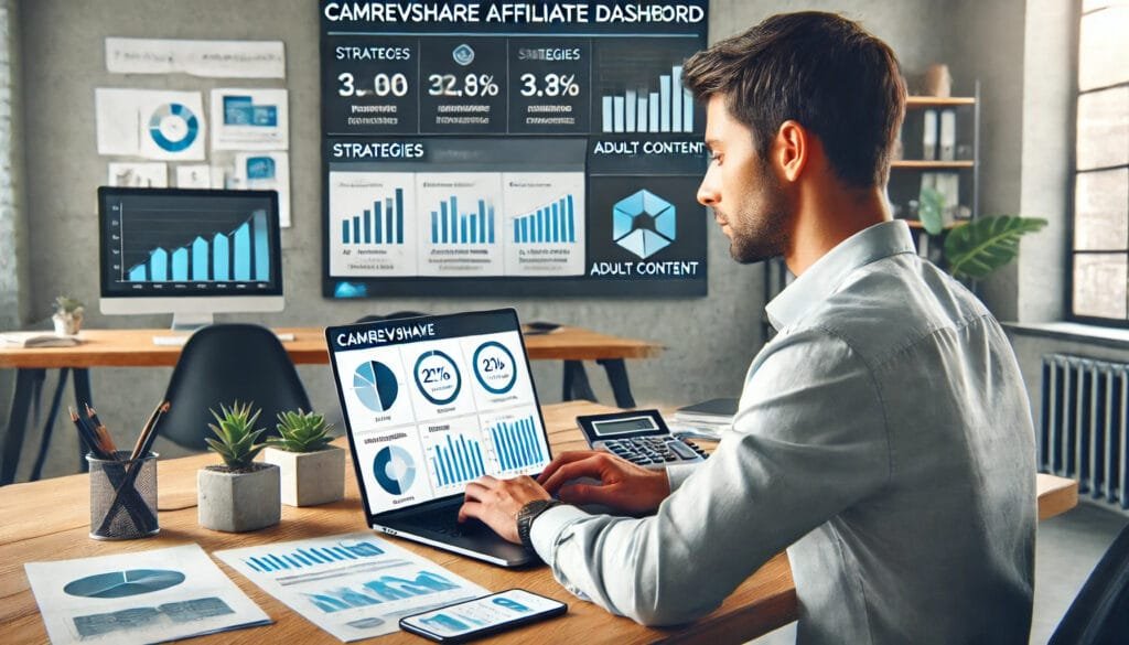 A successful affiliate marketer working on a laptop, analyzing CamRevShare affiliate dashboard with adult content strategies.