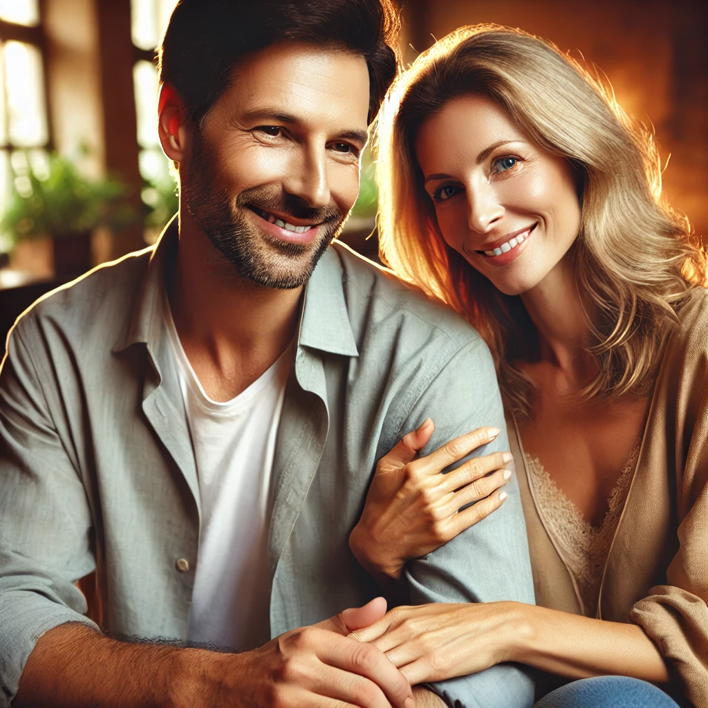 Man and woman in their 40s sitting together in a cozy setting, lightly touching with romantic affection