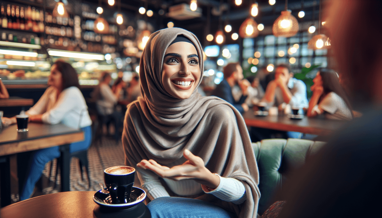 A woman confidently discussing her exciting career in a vibrant café.