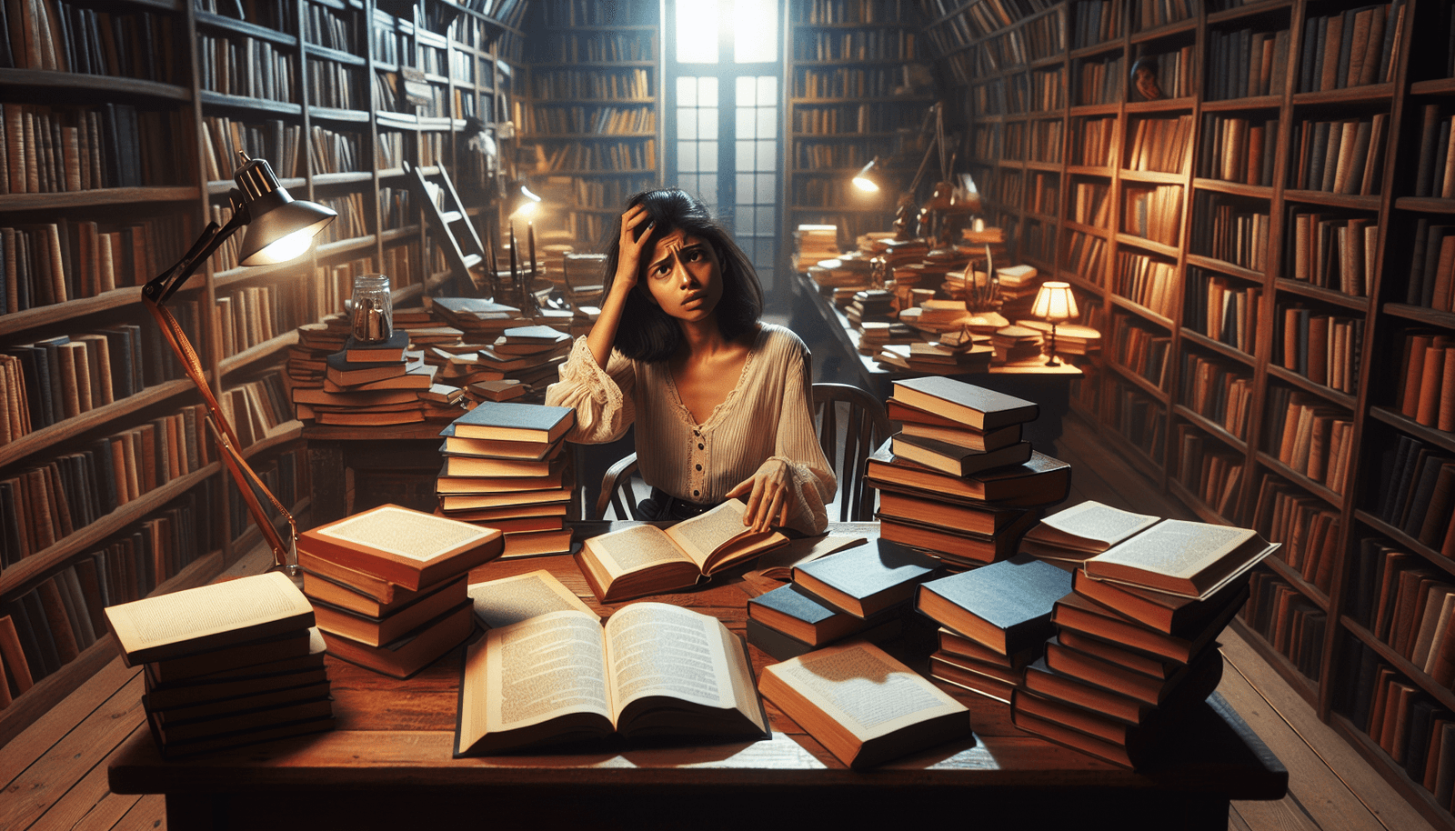 A writer sits among multiple open books—a confused expression on their face—amidst a cozy library.