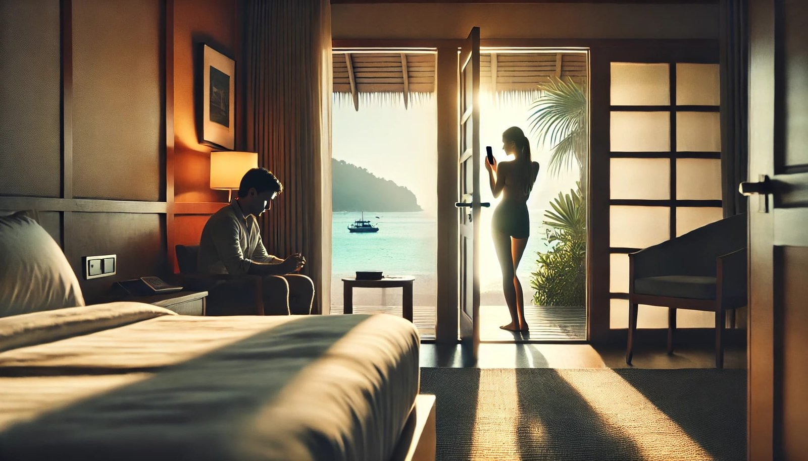 A woman partially hidden behind a bathroom door taking photos of herself, while her partner looks on from a distance, reflecting tension and questions of trust in a vacation setting.