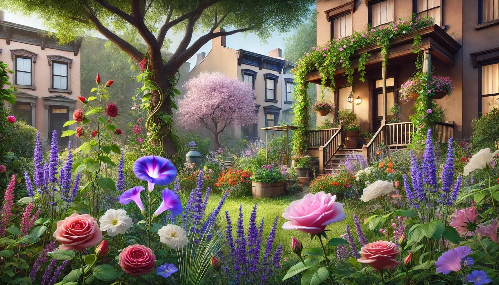 A peaceful urban garden with vibrant flowers and a cherry blossom tree, symbolizing human connection.