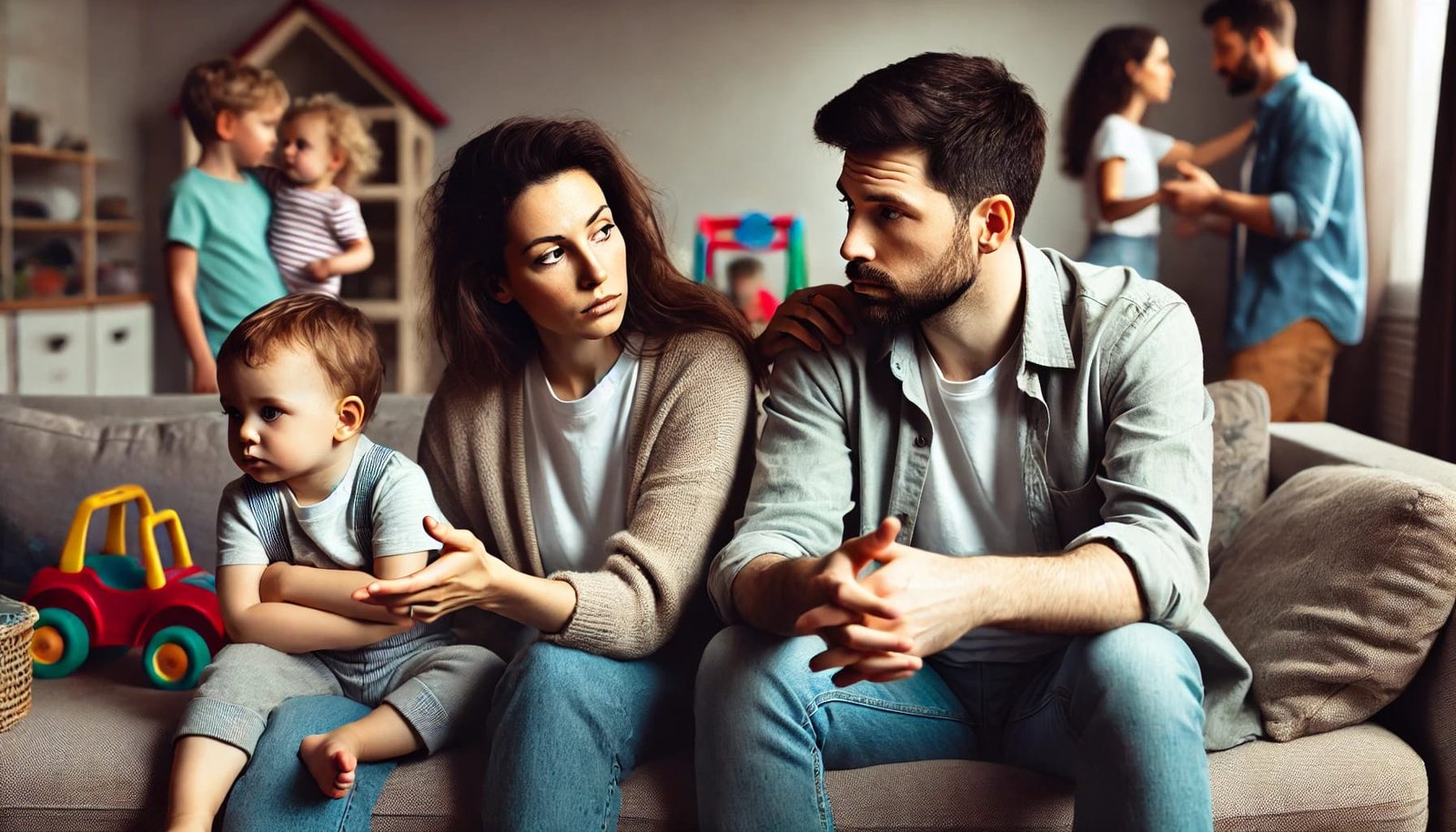 A tired couple with children sitting in a living room, facing the challenges of balancing family life and intimacy.