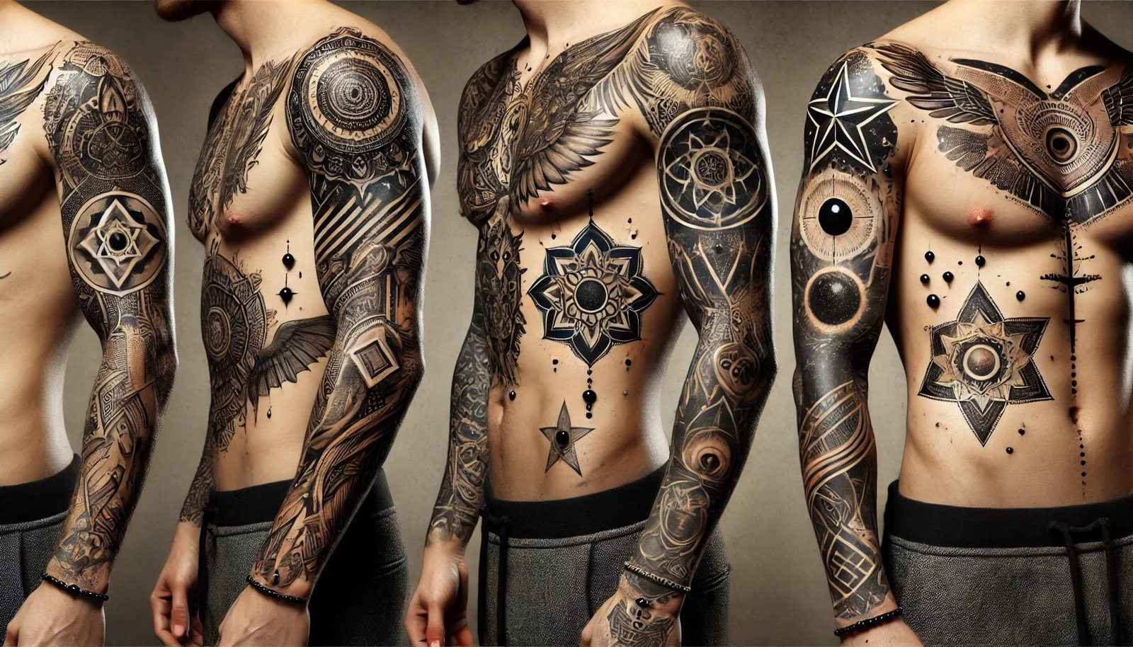 An artistic collection of masculine tattoo designs for men, featuring traditional, neo-traditional, blackwork, and cosmic elements, placed on arms, shoulders, and chest.