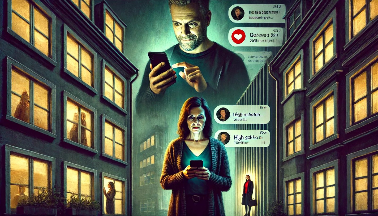 A middle-aged woman holding a smartphone with a message notification, looking conflicted. In the background, a man with a smirk is texting multiple women while another woman waits outside, symbolizing betrayal and emotional entanglement.