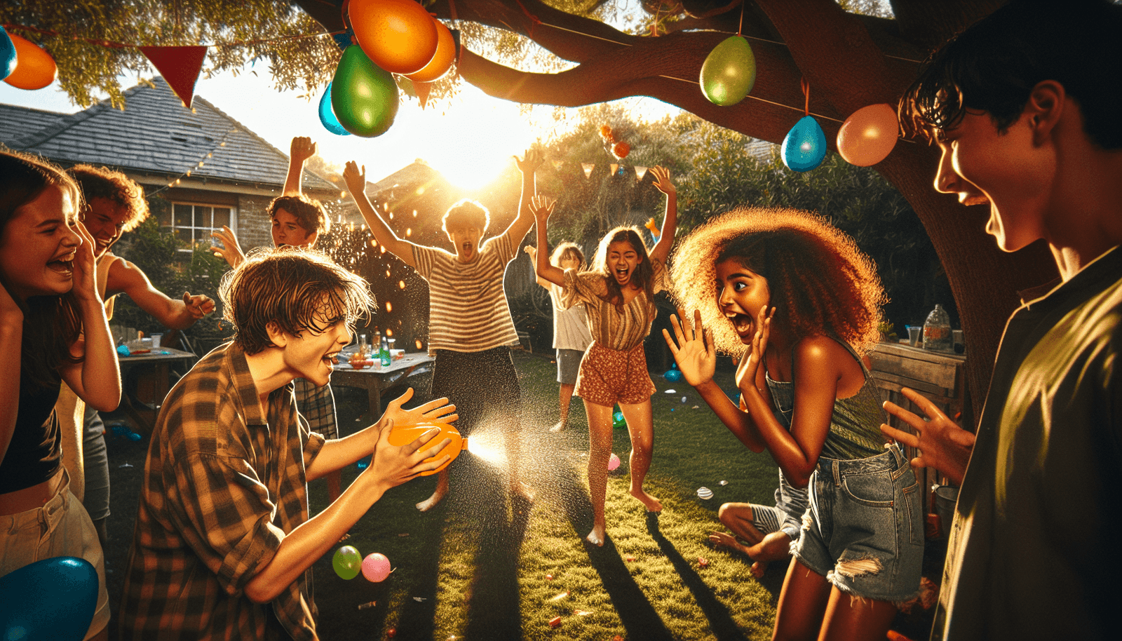 A couple celebrating their love during a fun prank war, surrounded by balloons and party decorations.