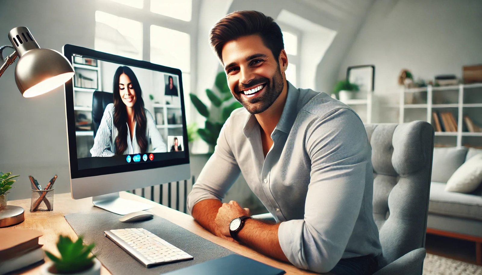 A confident man smiling during a live video chat in a stylish home office, feeling connected and engaged.