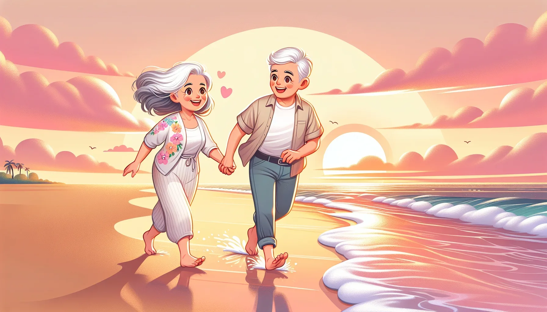 Older woman and younger man walking at sunset, expressing love.