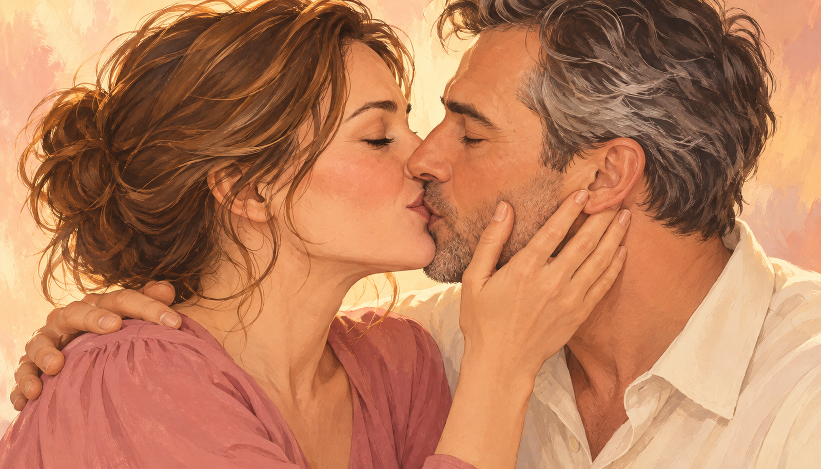 Soft cartoon close-up of an adult couple sharing a gentle kiss, her hand resting against his cheek.