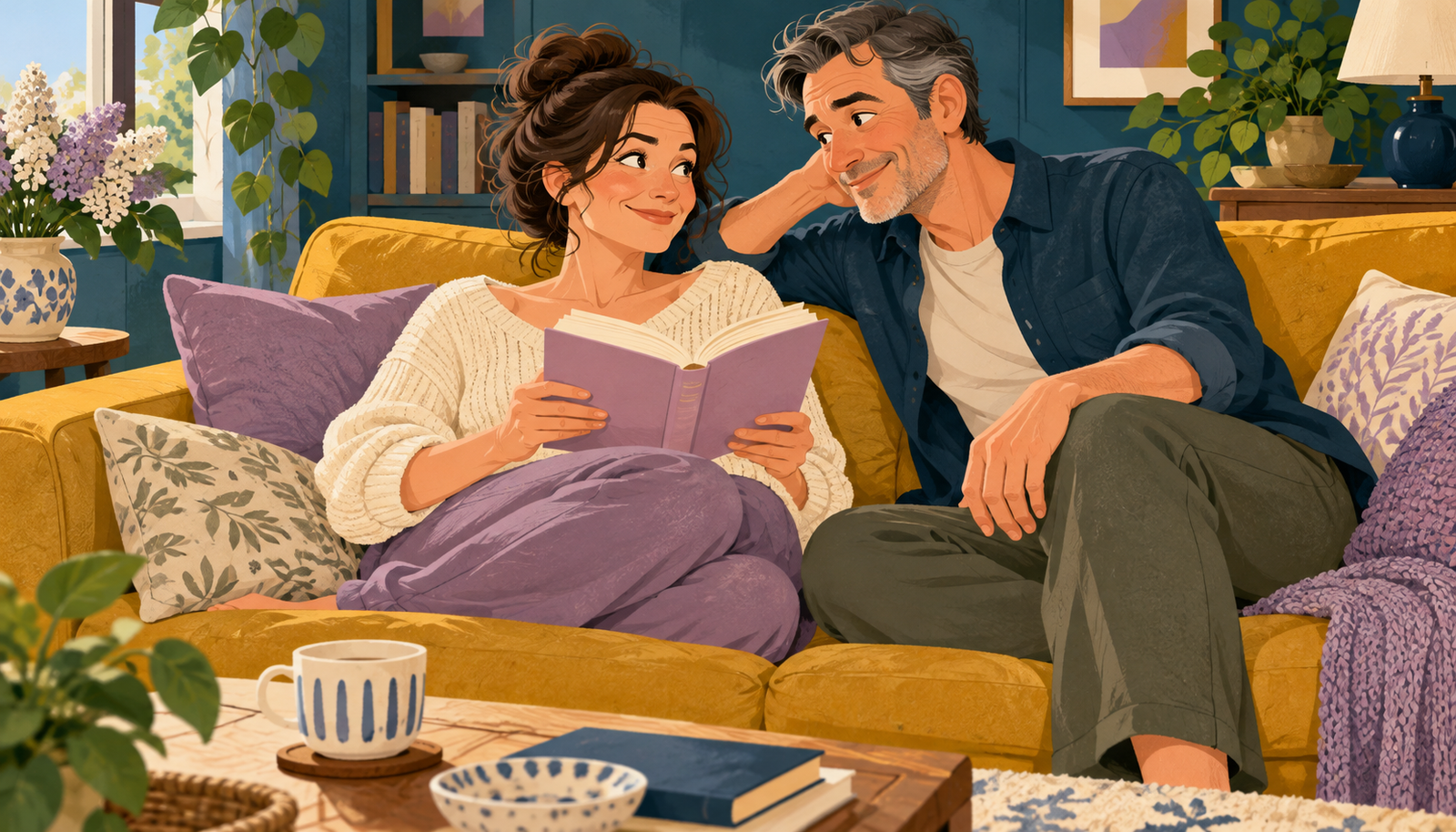 Playful cartoon of an adult couple smiling at each other over an open book on a sofa.
