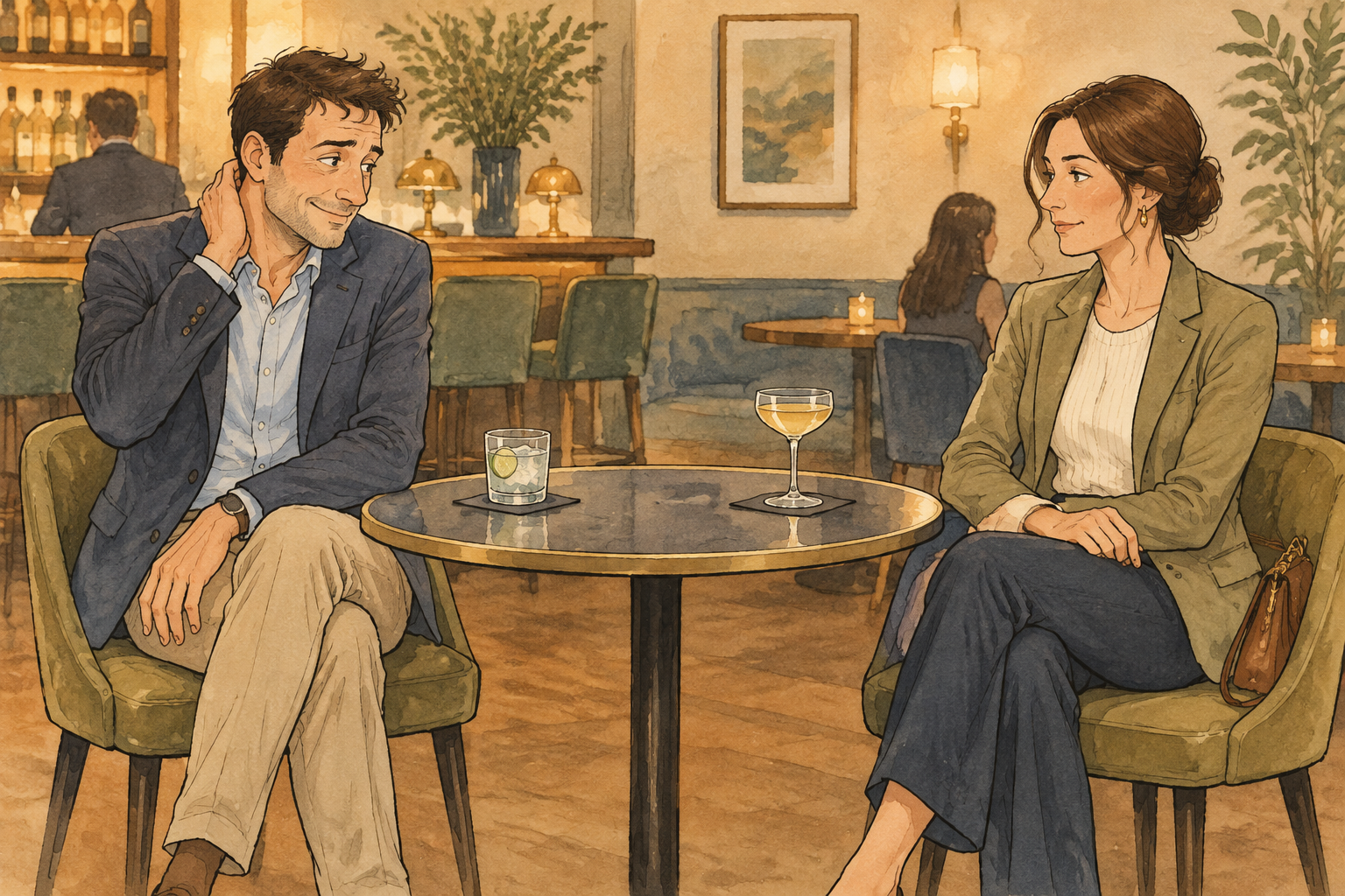 An illustrated man and woman sit across a small bar table with two drinks, sharing a hesitant look.