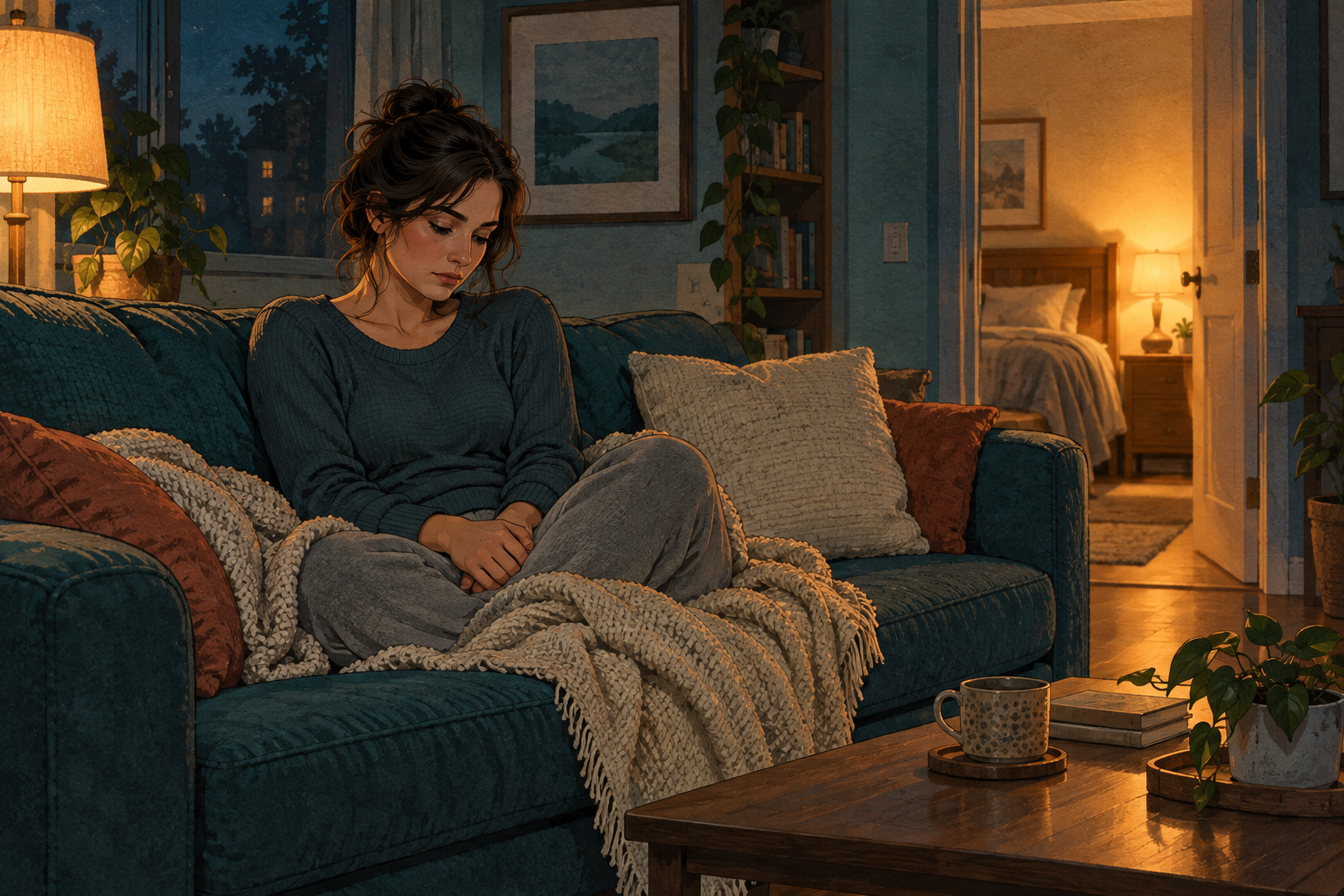 Illustration of a woman in a teal sweater sitting on a couch with her gaze lowered beside a warmly lit bedroom.