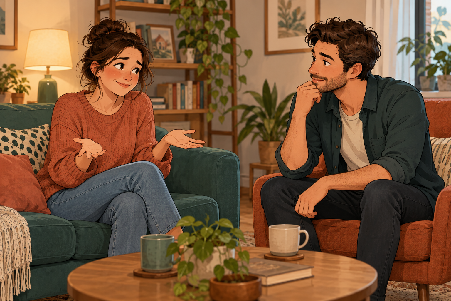 Illustration of a woman holding her palms up while a man listens from an armchair.