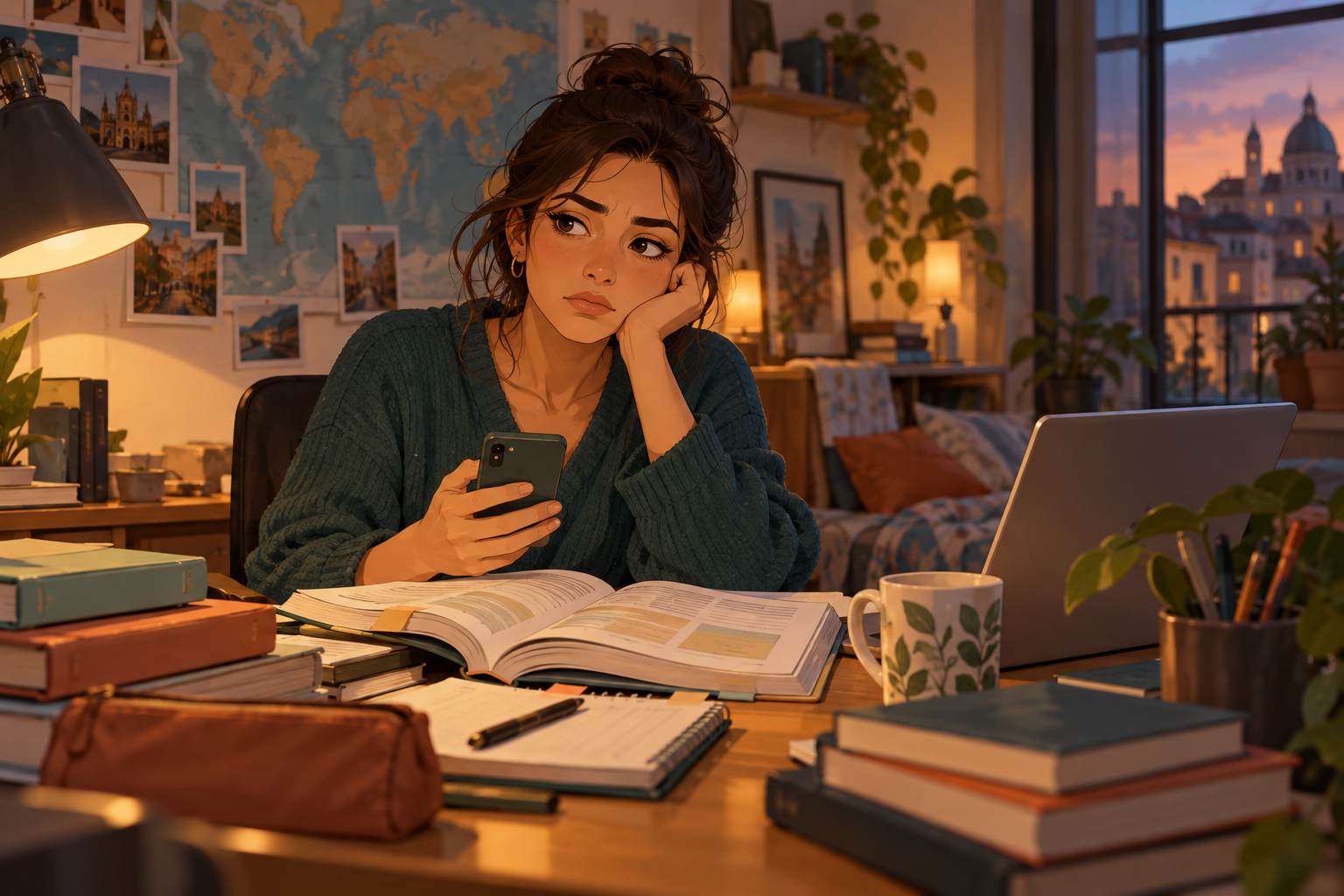 Illustration of a woman resting her head on one hand while holding a phone at a desk covered with books.