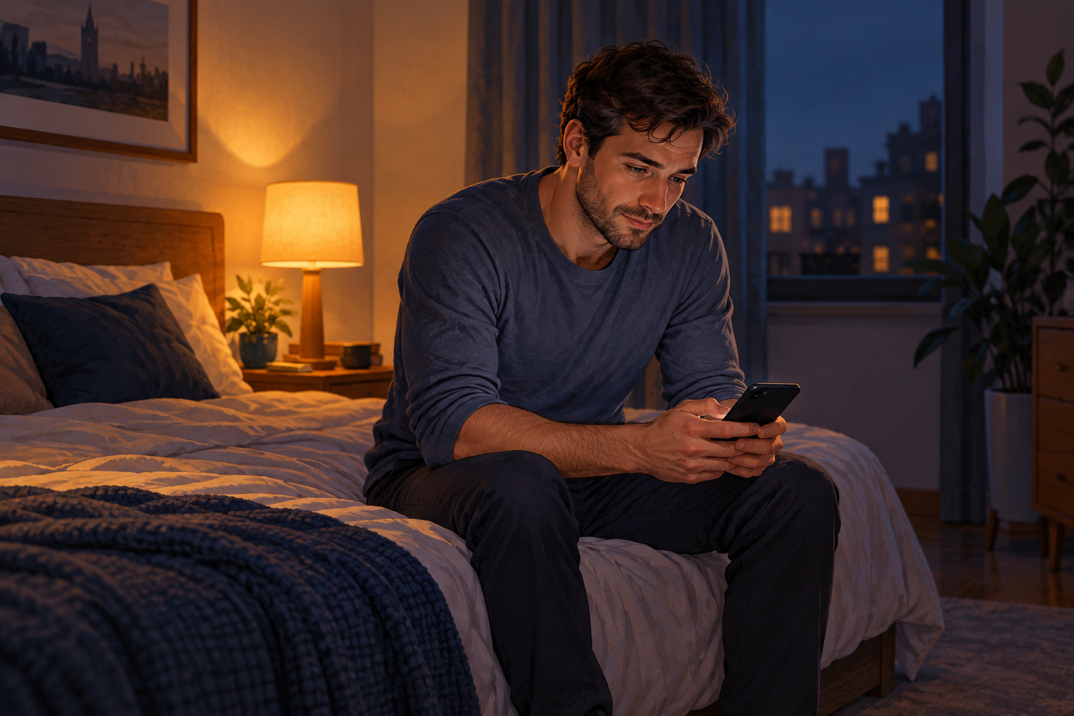 Illustration of a clothed man sitting on a bed and holding a phone beside a glowing lamp.