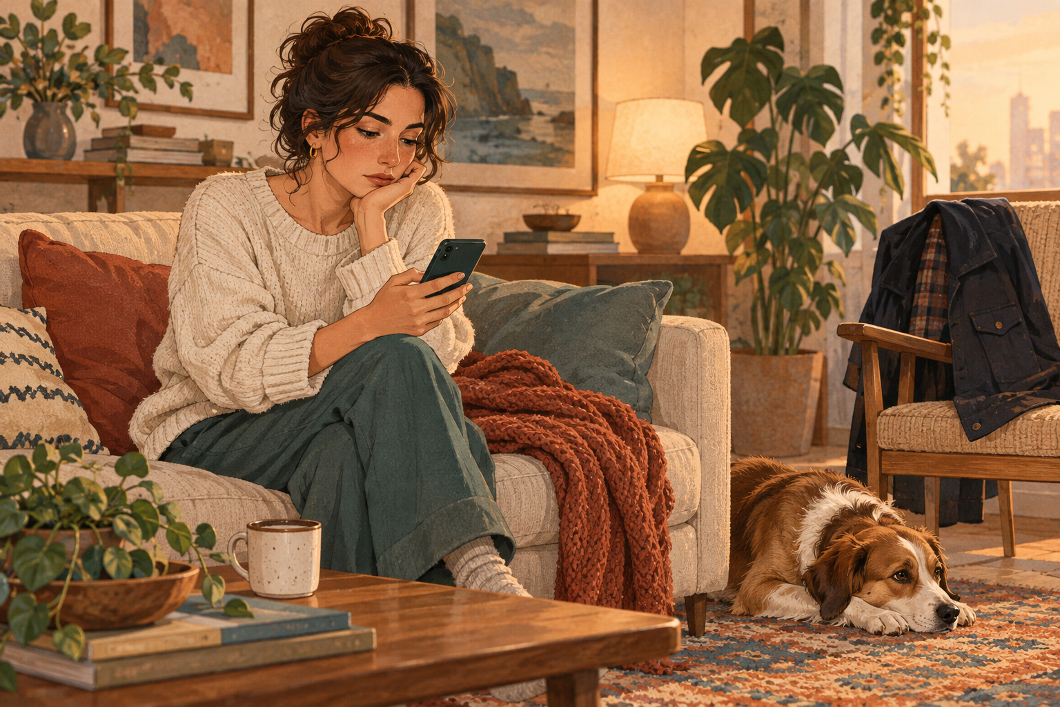 Illustration of a woman holding a phone on a sofa, with a dog on the rug and a dark jacket on a nearby chair.