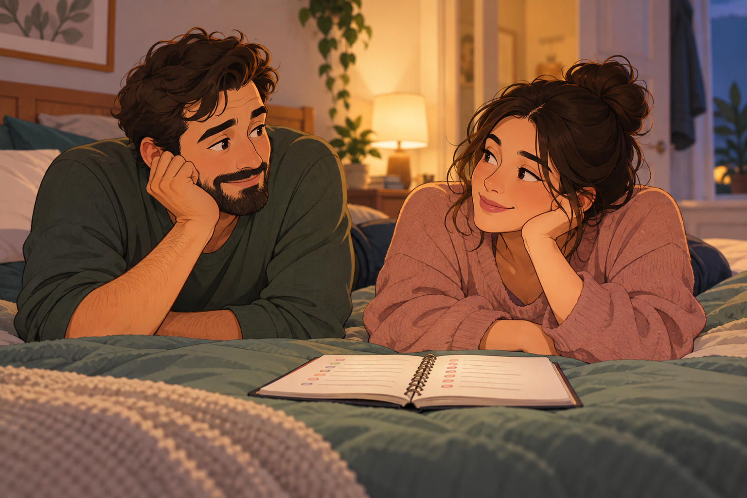Fully clothed man and woman resting on a bed, facing each other with an open notebook between them.