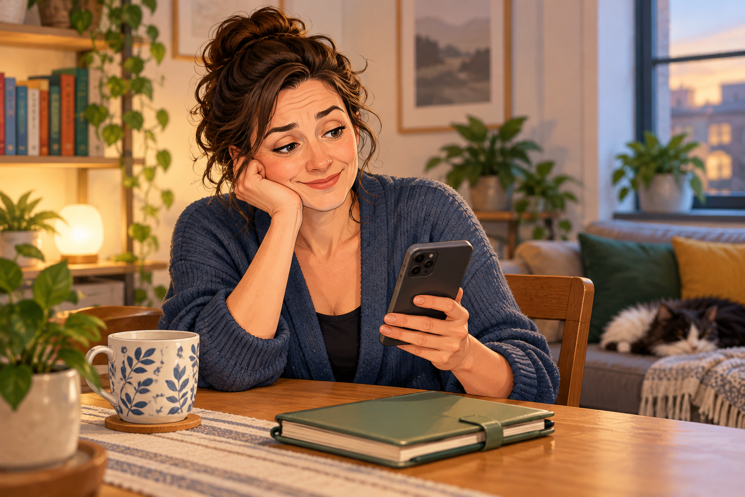 Illustration of a woman holding a phone at a wooden table with a green planner and a blue-and-white mug.