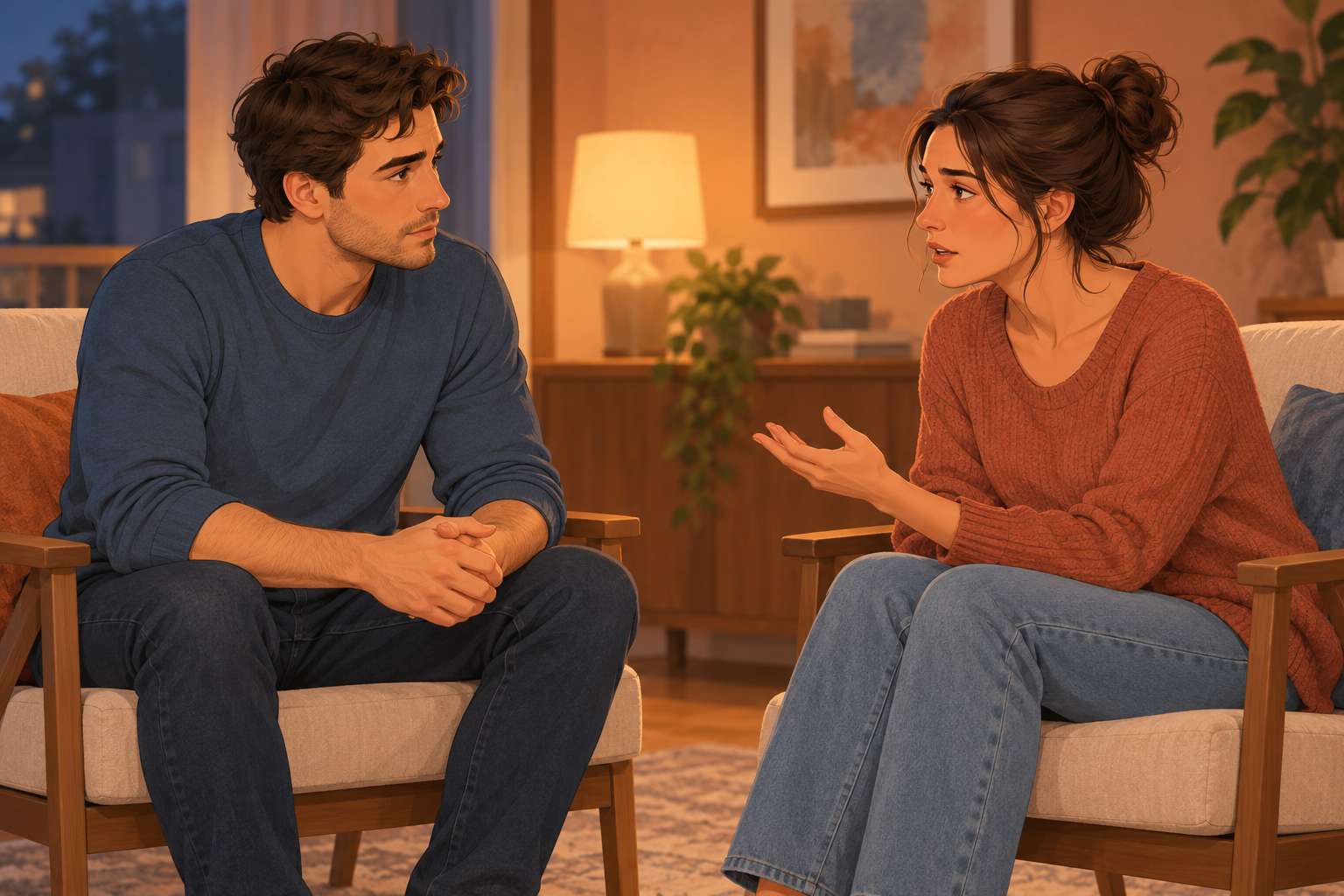 Illustration of a woman in a rust-colored sweater gesturing toward a man in blue seated opposite her.