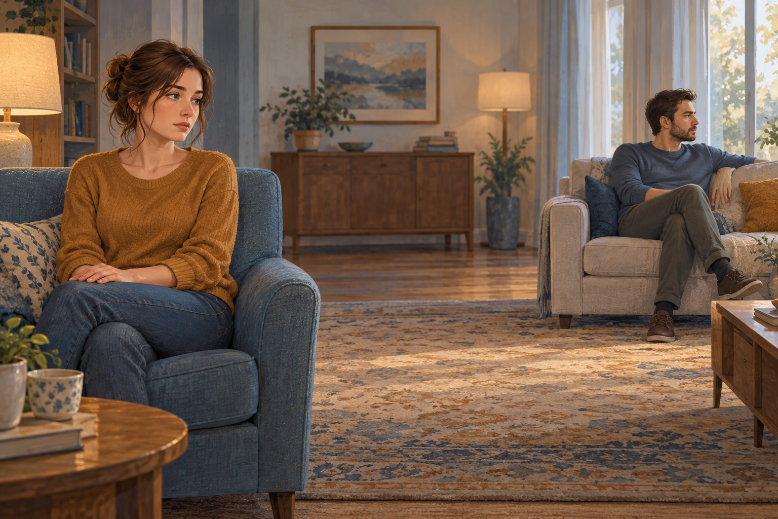 Illustration of a woman in an ochre sweater and a man in a blue sweater sitting apart in a living room.