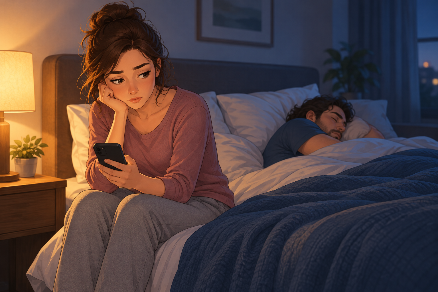 Illustration of a clothed woman sitting on a bed with a phone while a clothed man sleeps beside her.