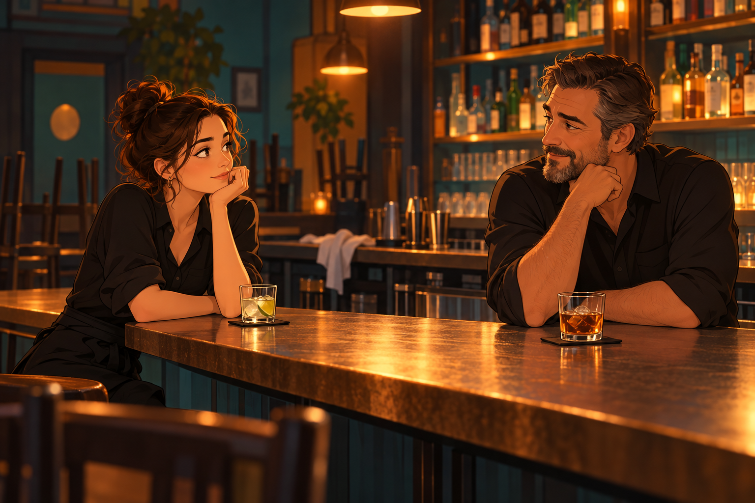 A woman and a bearded man sit across a warmly lit bar counter, each with a drink.