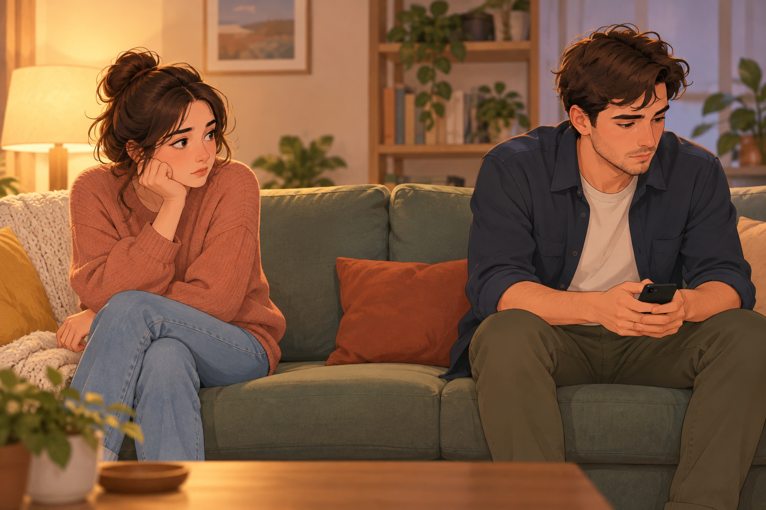 Illustration of a woman and a man sitting apart on a green sofa; the man holds a phone.