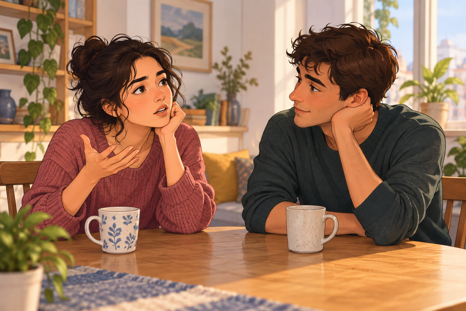 Illustration of a woman and a man sitting across a wooden table with two mugs.