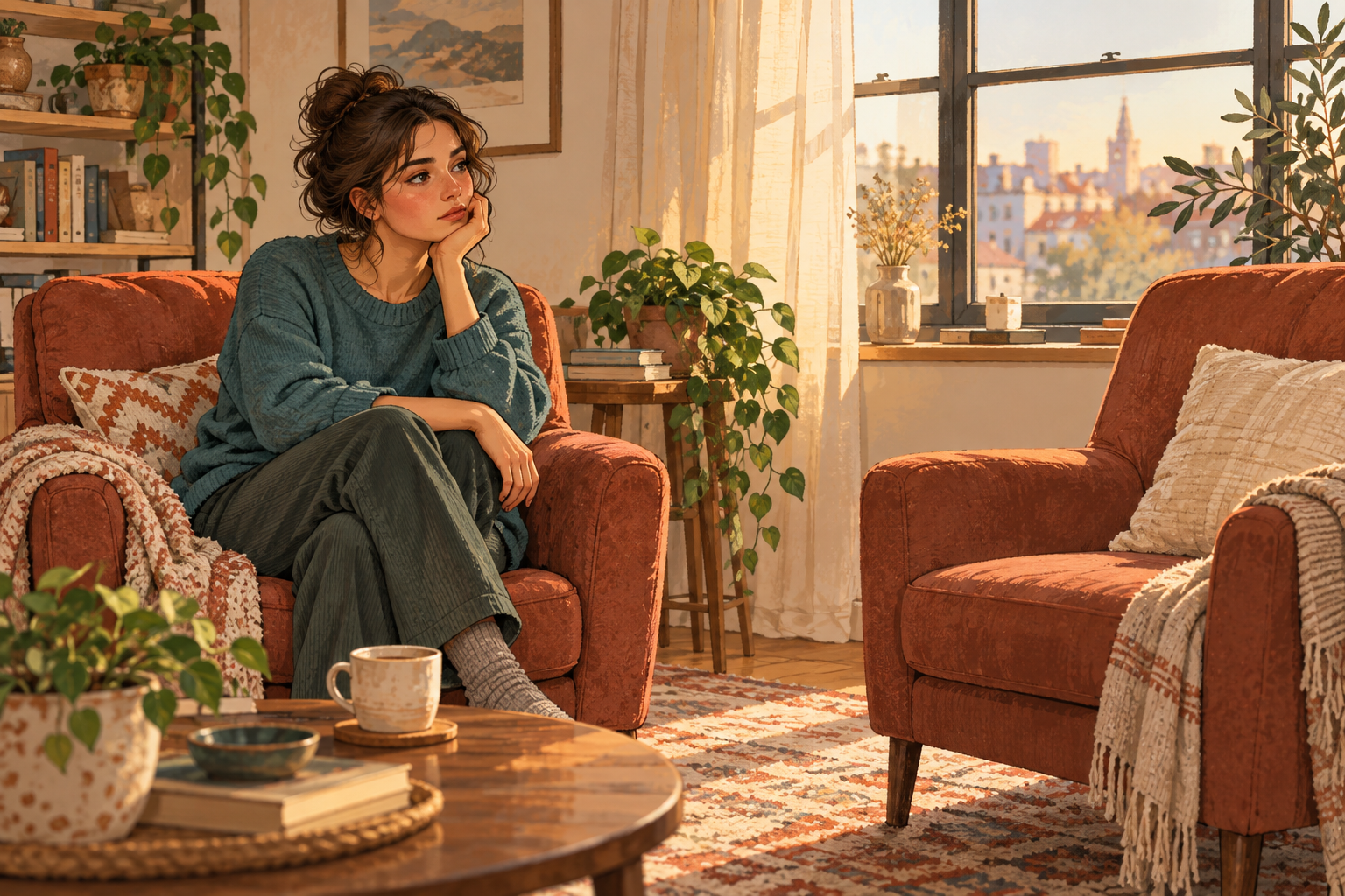 Illustration of a woman in a teal sweater seated beside an empty rust-colored armchair in a sunlit room.