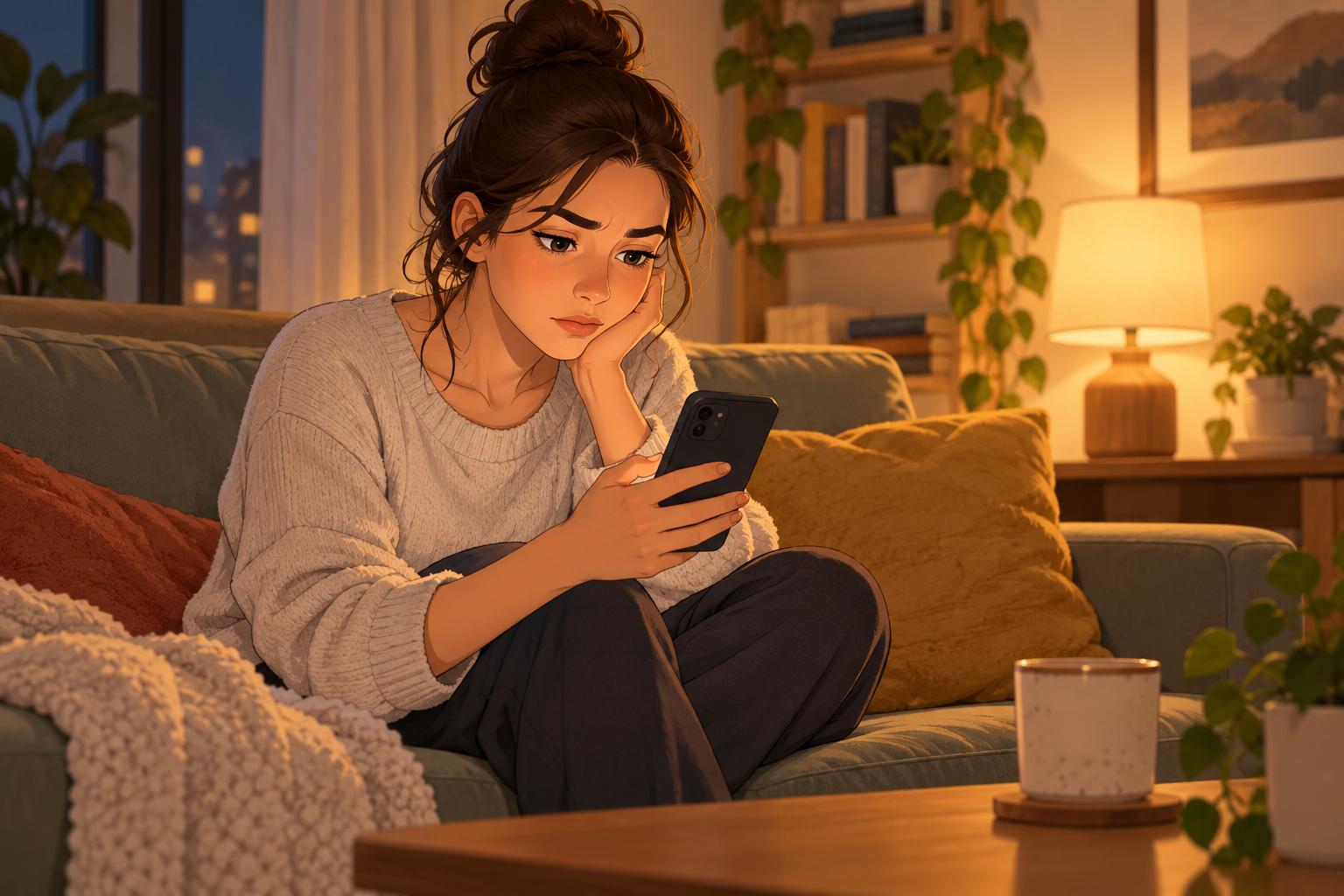 An illustrated woman in a cream sweater rests her cheek on one hand while looking at a phone on a green sofa.