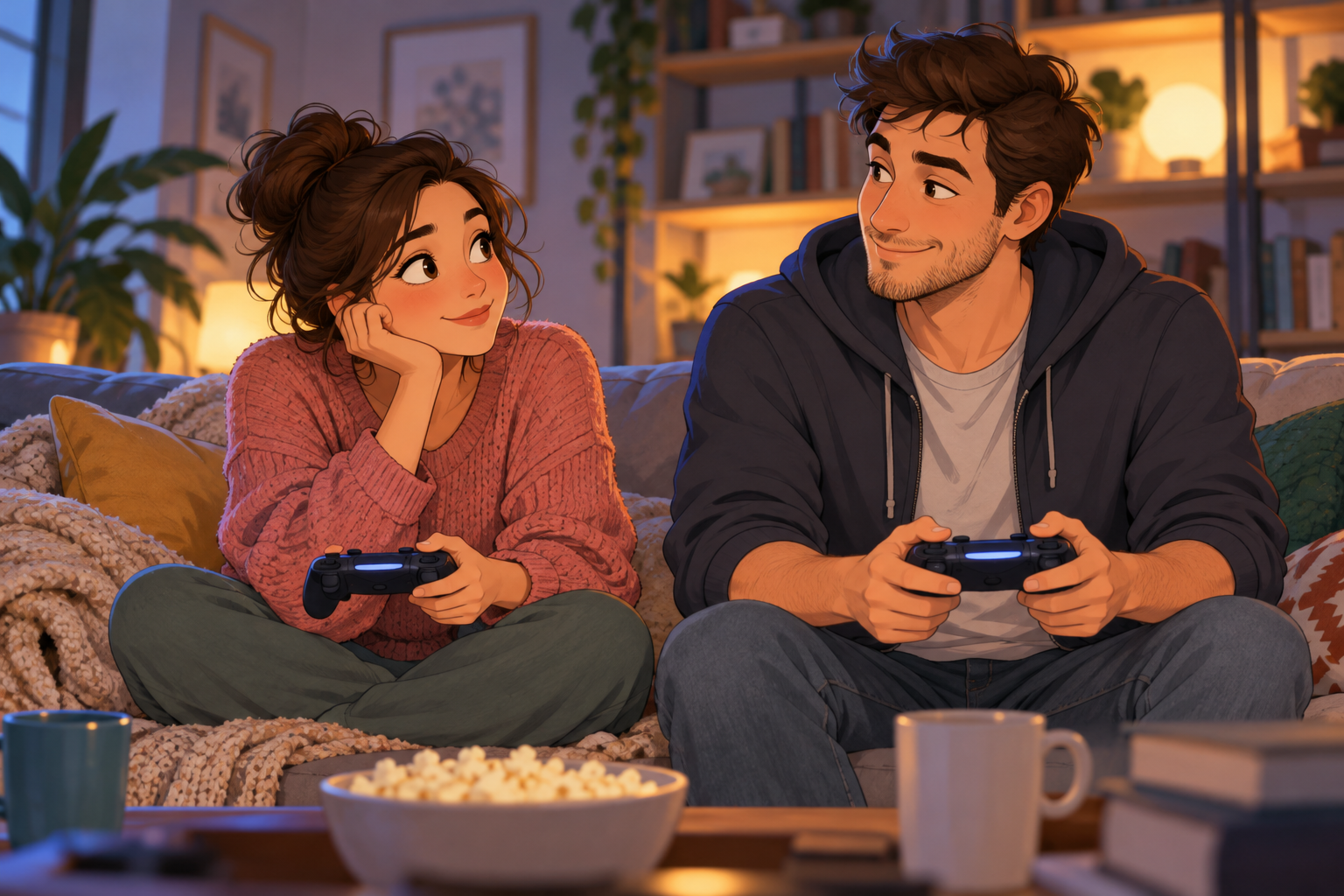 Cartoon illustration of a clothed adult woman and man on a sofa, each holding a game controller, with mugs and popcorn on the table.