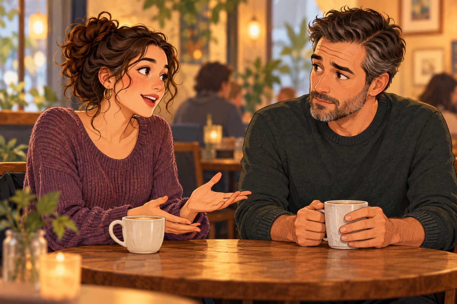 Cartoon illustration of a clothed adult woman in a purple sweater gesturing toward a man in a dark sweater across a wooden café table.
