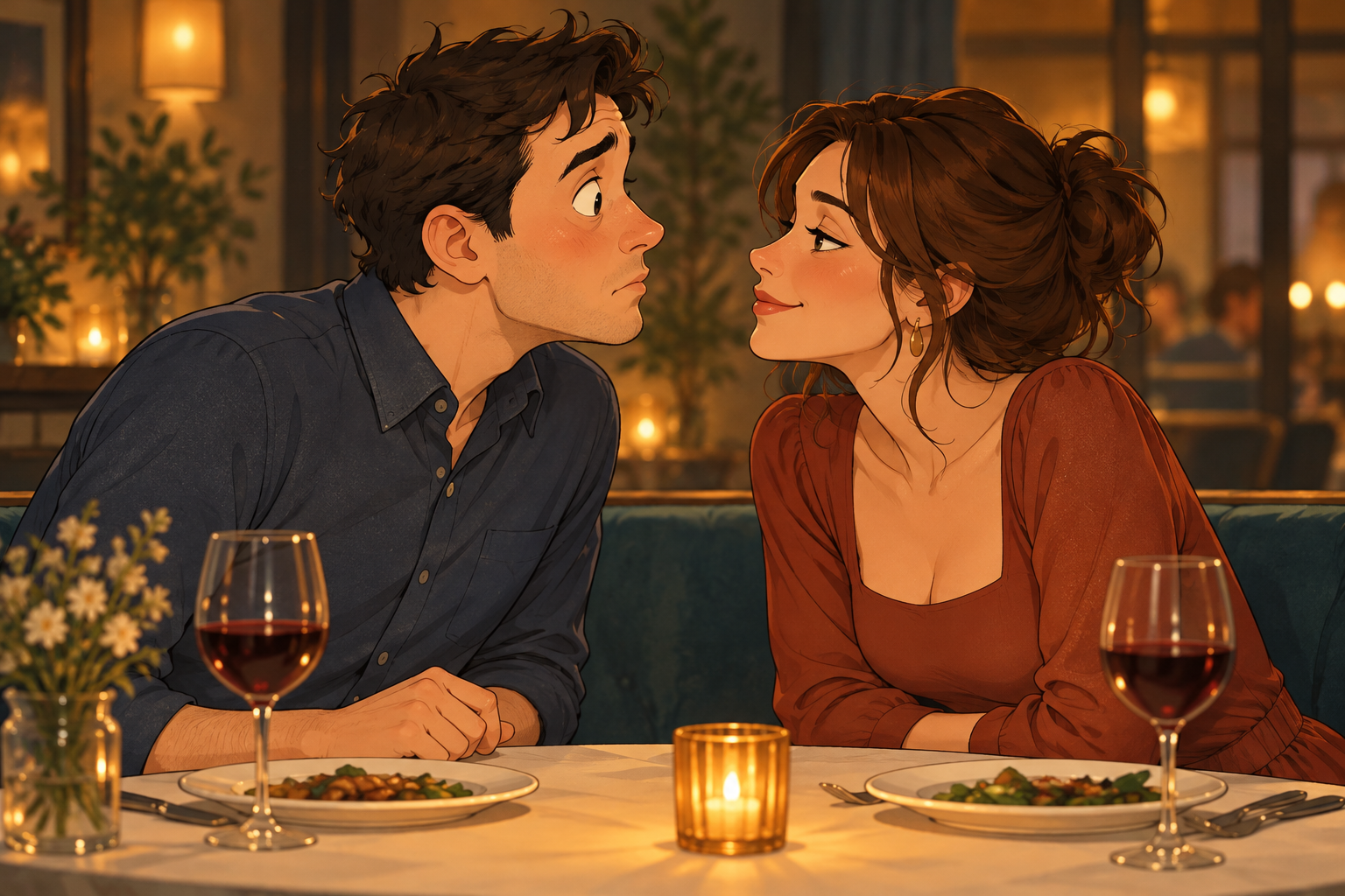 Cartoon of an adult man in a blue shirt with pursed lips leaning toward a smiling adult woman in a rust-colored top at a restaurant table.