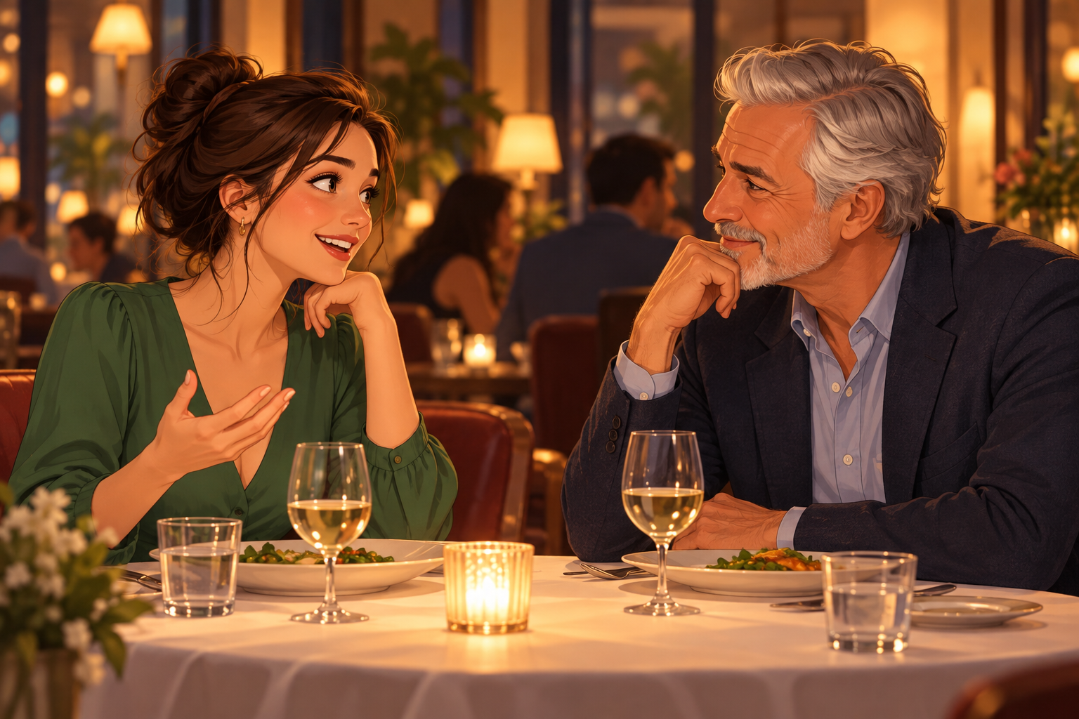 Illustration of an adult woman in a green blouse talking with a silver-haired man in a dark jacket at a dinner table.