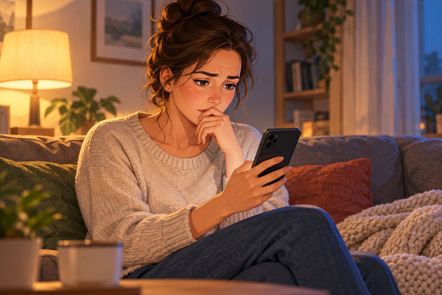 A woman in a cream sweater sits on a sofa, looking at a smartphone with one hand near her mouth.