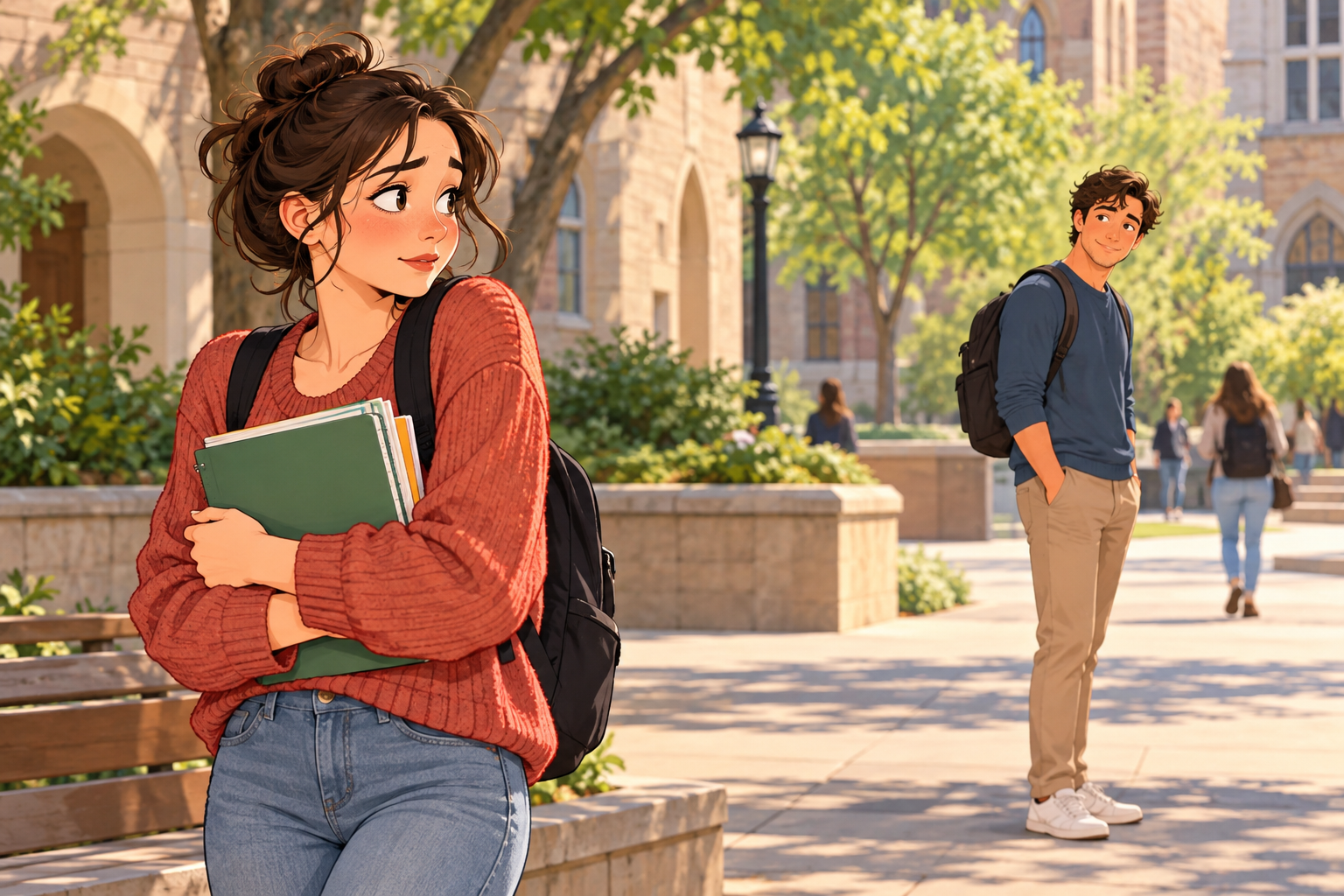 Cartoon of a woman in a rust sweater holding books, with a man in a blue shirt standing farther away.