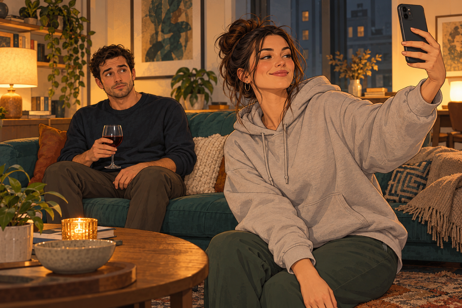 Illustration of a woman in a gray hoodie holding up a phone, with a man holding wine on a teal couch behind her.
