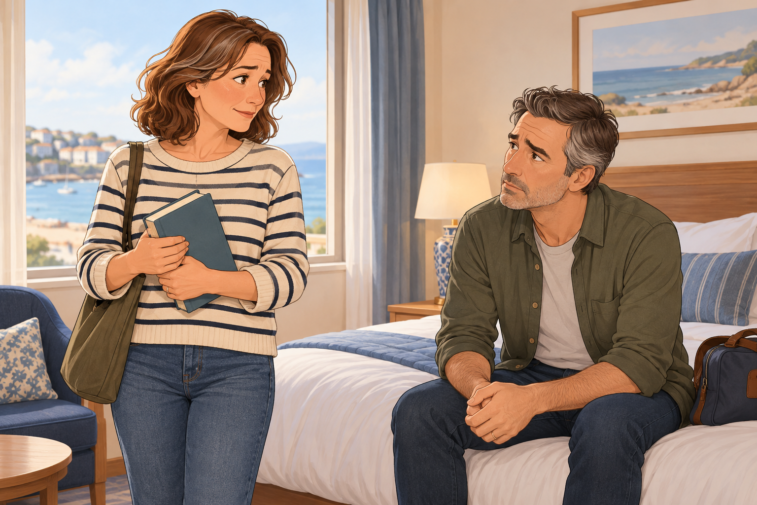 Illustration of a woman holding a blue book beside a man seated on a hotel bed, with water visible through the window.