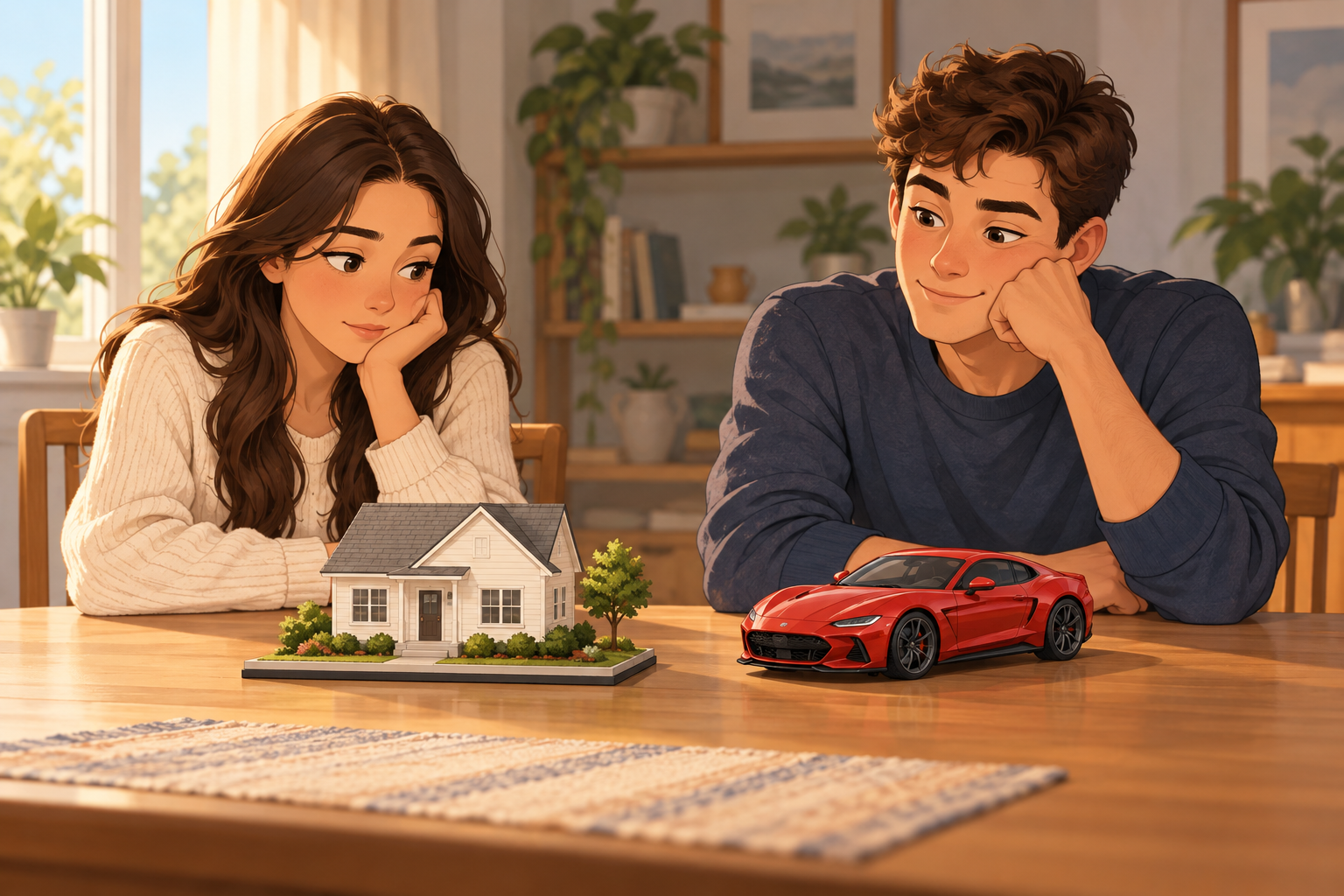 A woman and a man rest their chins on their hands at a table with a model house and a red sports car.