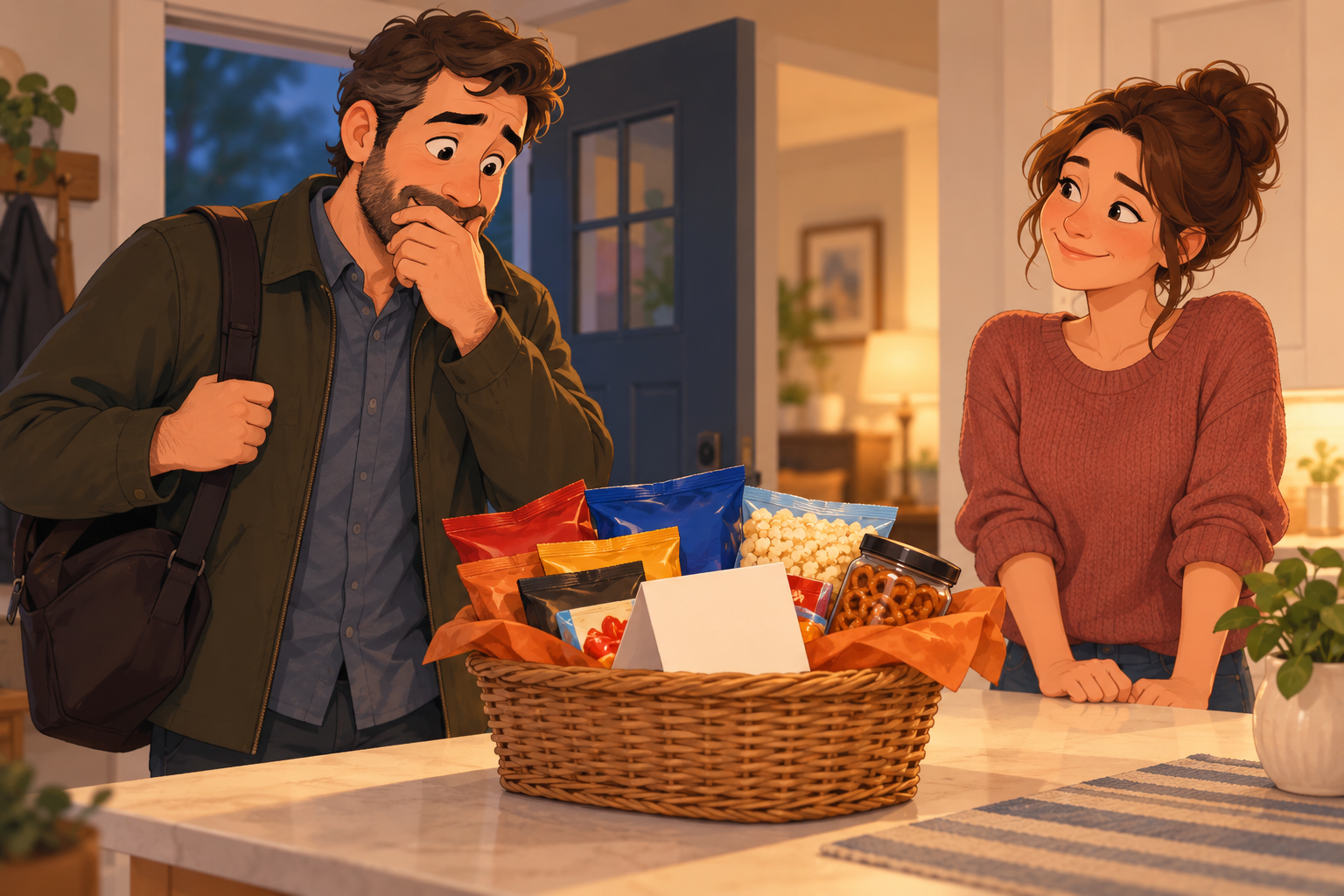 Illustration of a man and woman beside a wicker basket filled with snacks and a blank folded card.