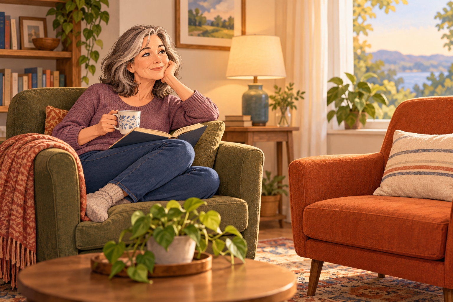 Illustration of a gray-haired woman sitting with a book and mug in a green armchair beside an empty orange chair.