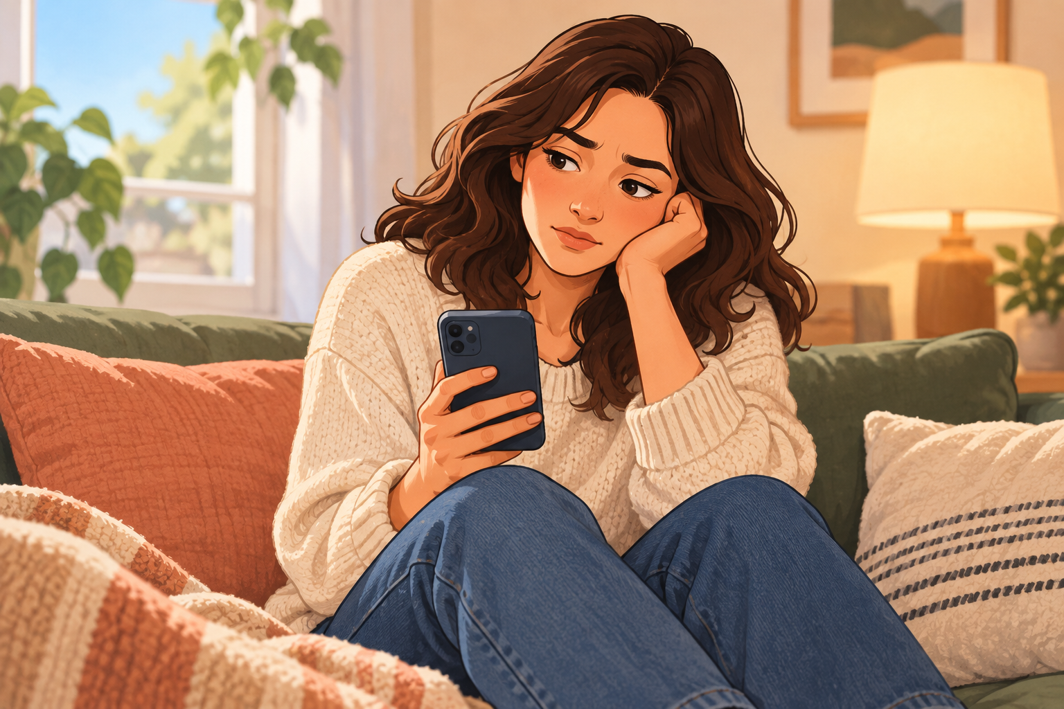 Illustration of a woman in a cream sweater and jeans holding a phone on a green sofa.