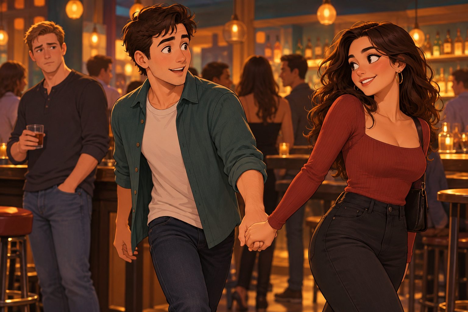 Cartoon of a smiling woman holding a man’s hand in a bar, with another man standing behind them.