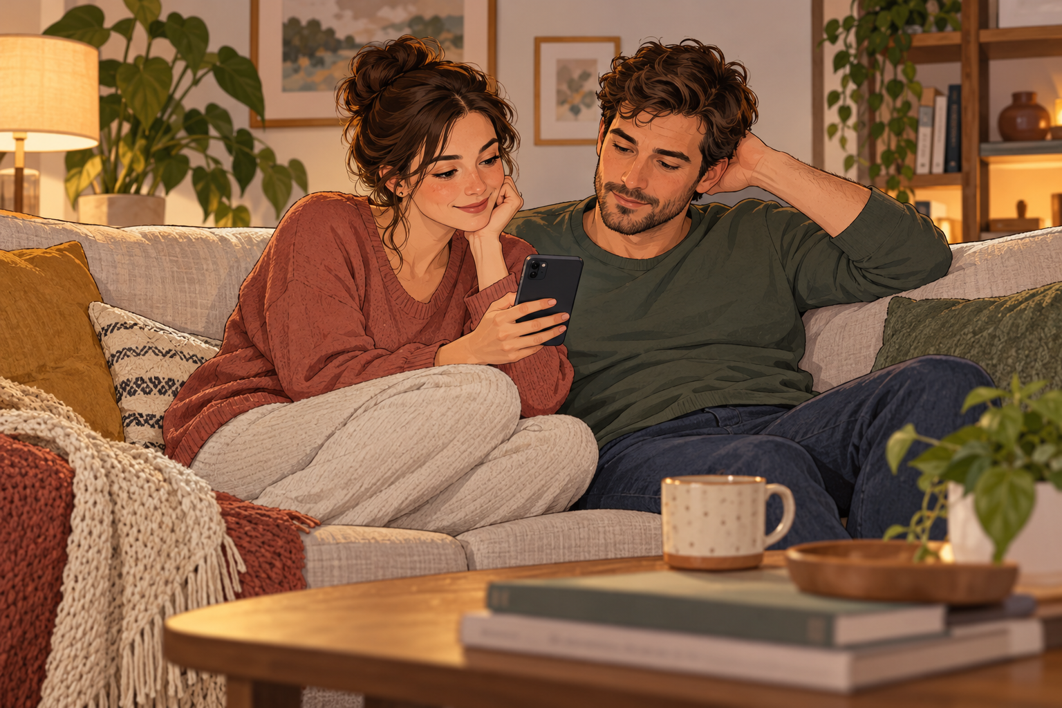 Illustration of a woman holding a phone beside a man on a sofa in a warmly lit living room.