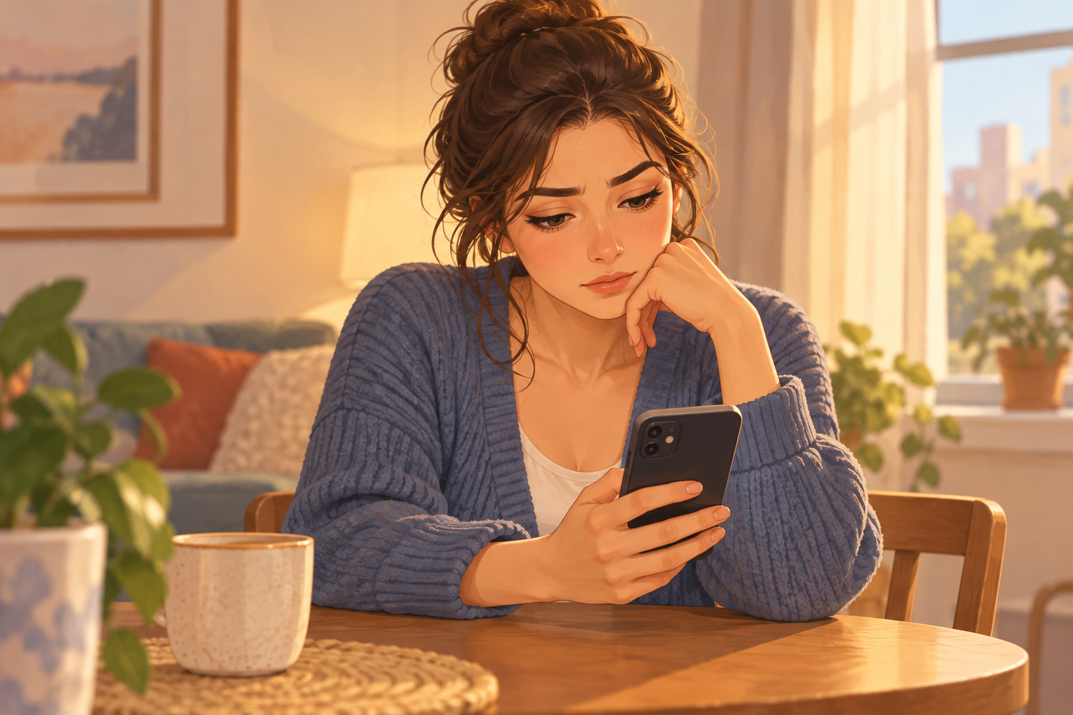 Adult woman in a blue cardigan holding a black phone, with her cheek resting on her other hand.