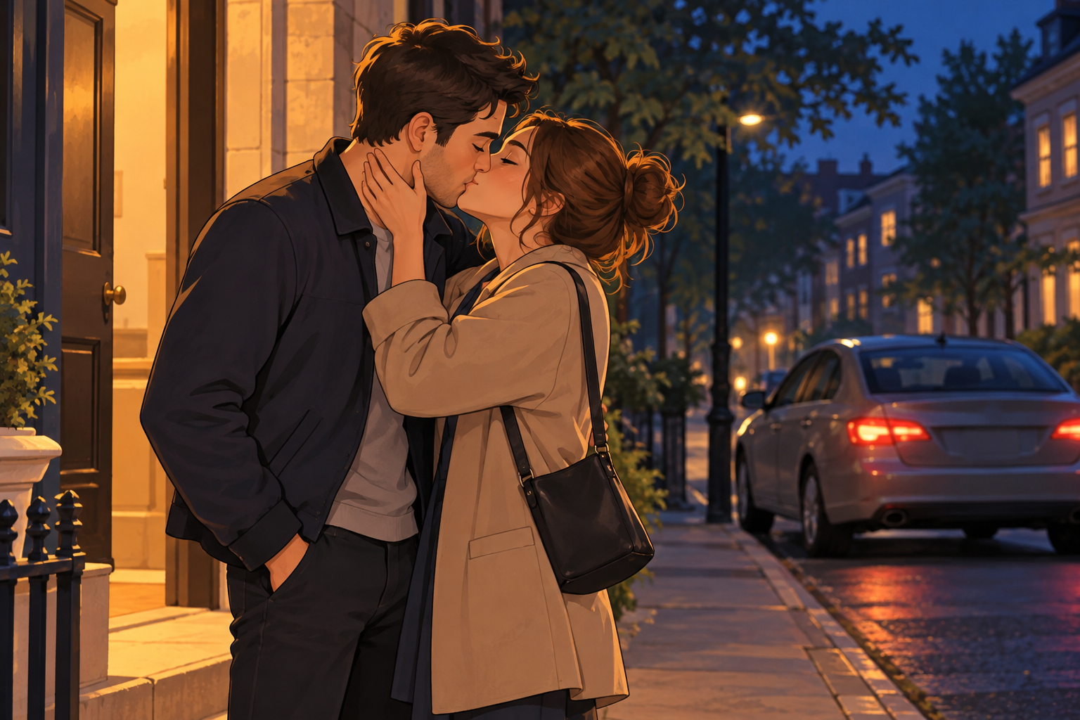Clothed adult man and woman kissing beside a doorway at dusk; she wears a tan coat and holds his face.