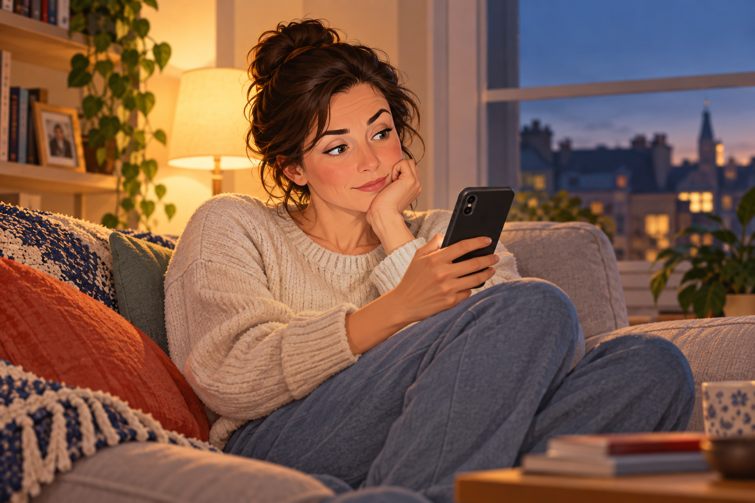 Adult woman in a cream sweater and jeans sitting on a sofa, holding a phone with her chin resting on her hand.