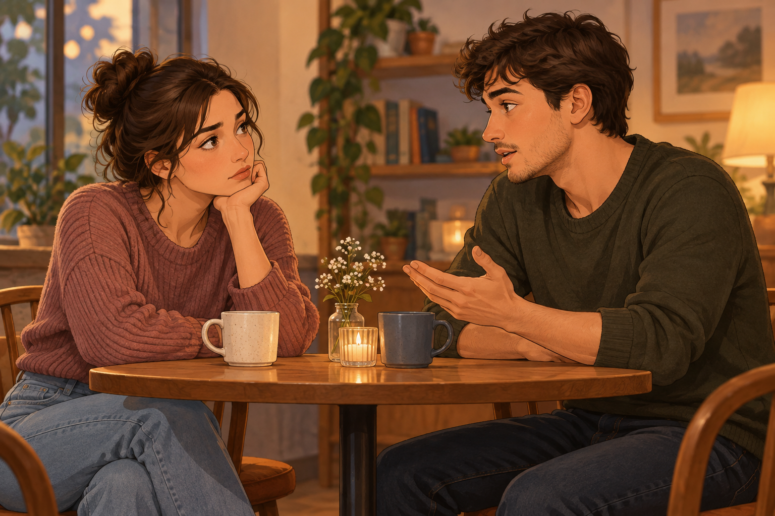 Illustrated woman in a rose sweater listening to a man in a green sweater as he gestures across a wooden table.