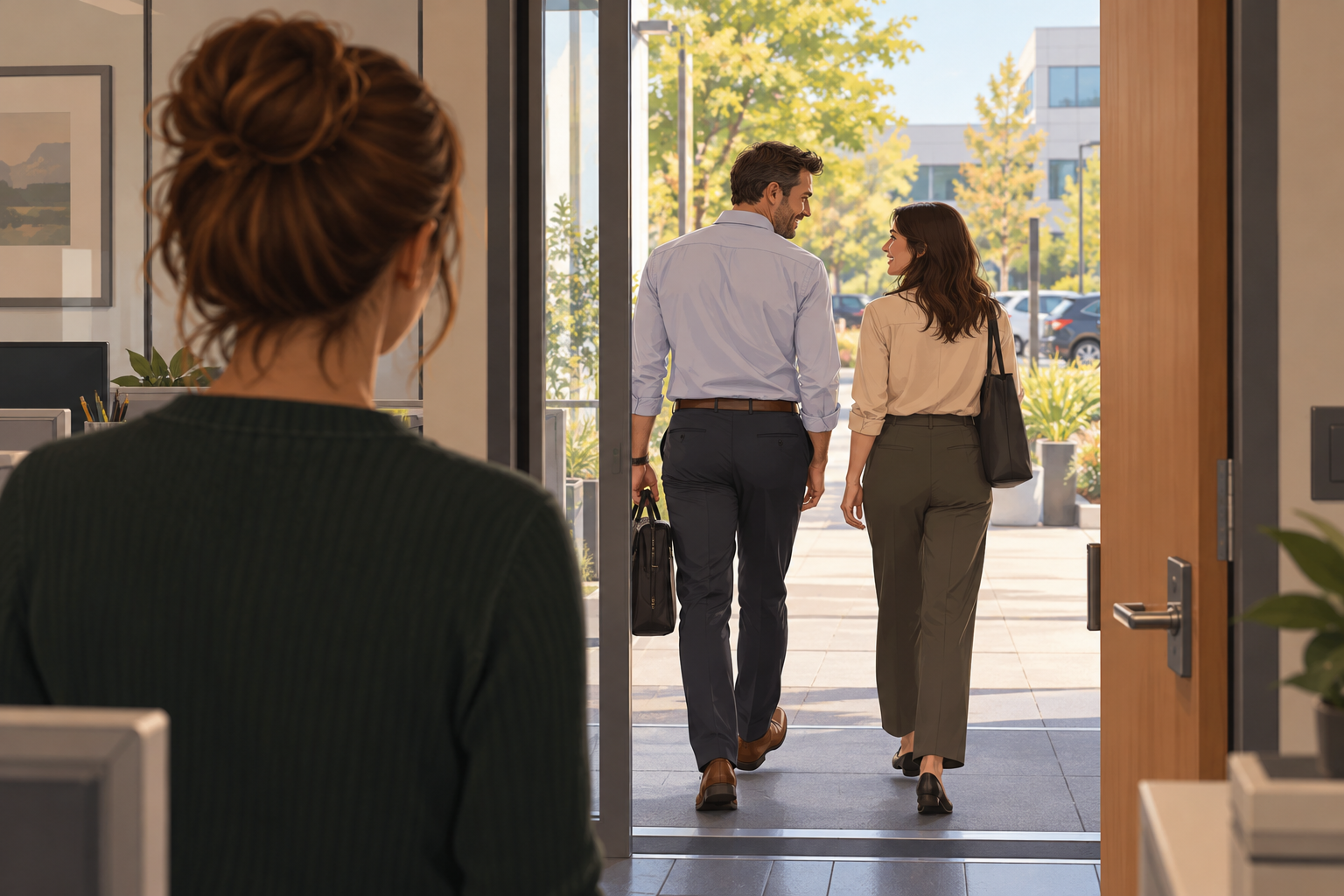 Illustration of a man and woman walking out of an office, viewed past a woman standing inside.
