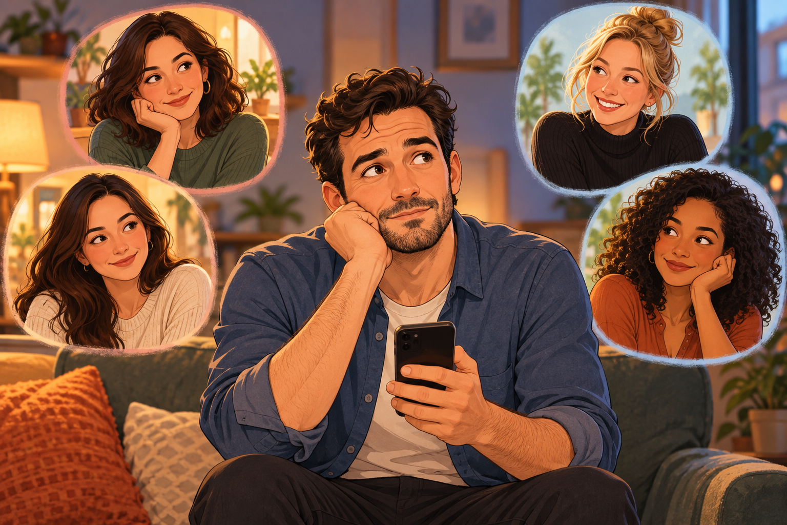 Illustration of a man seated on a sofa holding a phone, with four separate portraits of clothed adult women around him.